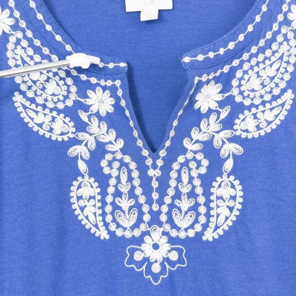 J Jill‎ Embroidered 3/4 Sleeve Tunic Top Petite Large Blue Boho Coastal Beach - Picture 6 of 16